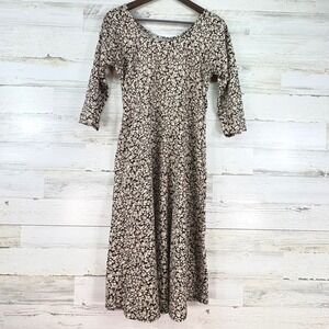 Rabbit Rabbit Rabbit Designs Floral Rayon Midi Dress 3/4 Sleeve Black Cream Boho